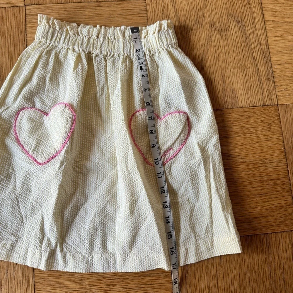Bonton Girls 12 Skirt Yellow Seersucker Pink Heart Pockets Elastic Stretch Waist